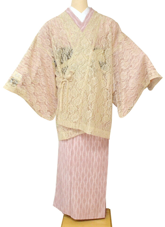 女性用　夏物レース道中着　ショート丈　イエローベージュ　花柄　フリーサイズ　【日本製】【着物コート】【夏コート】【レースコート】【夏用】