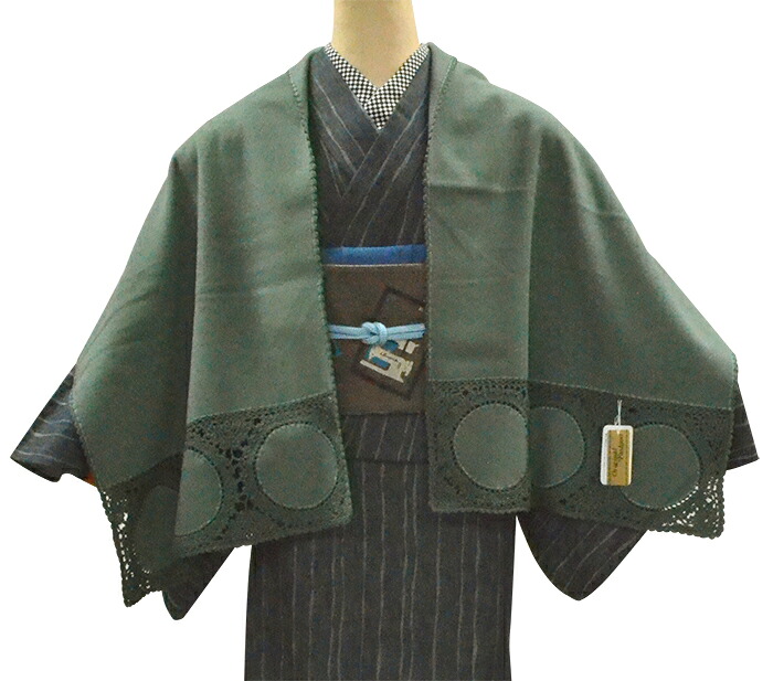 カシミヤ混ショール　モスグリーン　レース編み　【ストール】【マフラー】【冬】【着物】【和洋兼用】