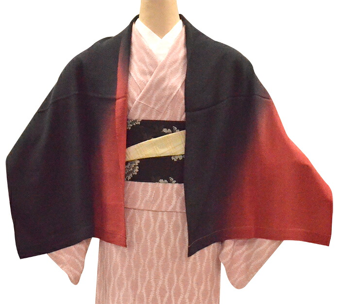 シルクちりめんショール　黒×朱赤　ぼかし（一枚仕立て）　【ストール】【マフラー】【正絹】【和洋兼用】