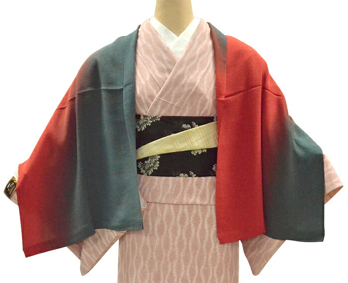 シルクちりめんショール　灰緑×朱色　ぼかし（一枚仕立て）　【ストール】【マフラー】【正絹】【和洋兼用】