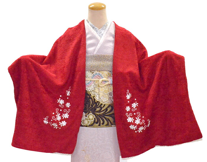 リバーシブルショール　赤×白レース　刺繍入り　【ストール】【両面】【着物】【振袖用】【和洋兼用】