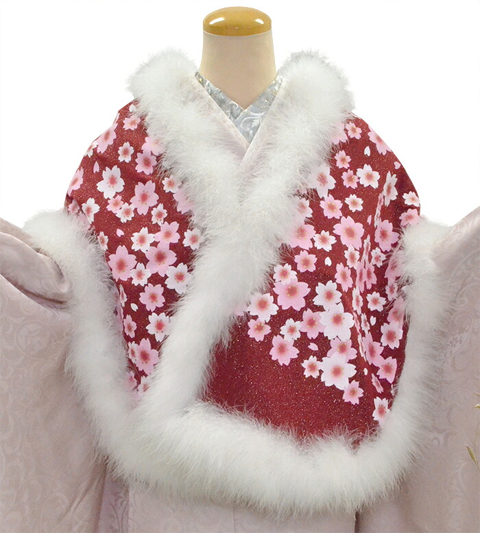 振袖　マラボー・シルクショール　赤×白　桜　【日本製】【ファー】【振袖用ショール】【成人式】【羽毛】