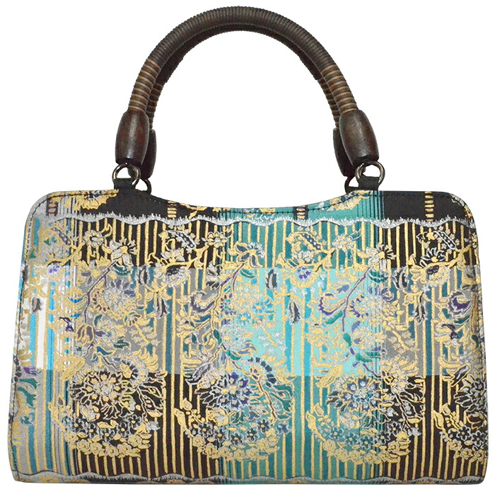 着物バッグ　緑×黒　更紗紋様　世美庵　【バック】【かばん】【きものバッグ】【Bag】【ハンドバッグ】【和装バッグ】【レディース】【日本製】