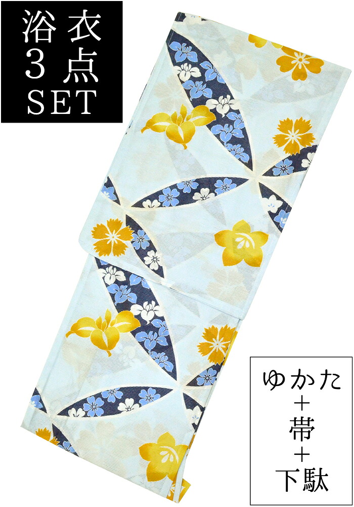 お仕立て上がり浴衣３点セット　綿絽　水色　撫子・花菖蒲・桔梗　☆もれなく帯＆下駄プレゼント☆　【フリーサイズ】【レディース】【女性用】【夏着物】【古典柄】【yukata】【Japan Print】【単品に変更可】