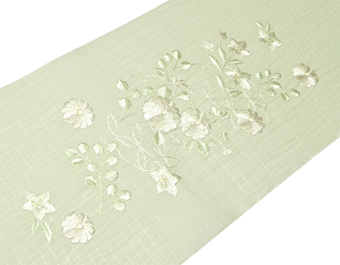 麻（小千谷縮）　夏物半衿　絽　薄緑　菊・桔梗刺しゅう　【半襟】【女性】【レディース】【夏きもの】【日本製】