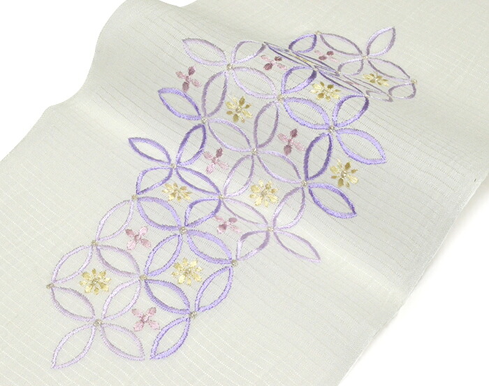 麻（小千谷縮）　夏物半衿　絽　白×紫　七宝つなぎ　【半襟】【女性】【レディース】【夏きもの】【日本製】