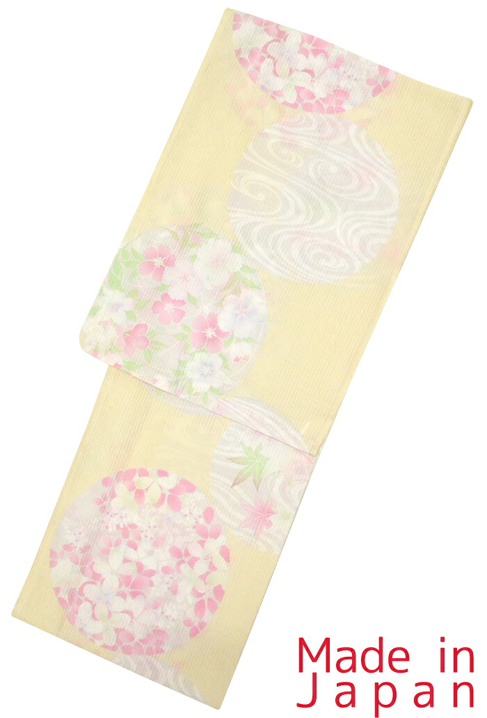 【トールサイズ】お仕立て上がり浴衣（単品）　綿絽　クリーム色　花の丸（撫子・萩）　【ＴＬサイズ】【レディース】【女性用】【日本製】【夏着物】【yukata】