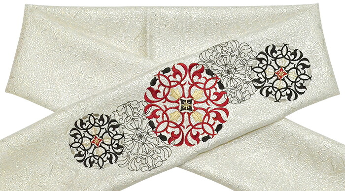 ポリエステル　刺繍入り帯揚げ　白・シルバー×赤・黒　華紋　【振袖向き】【振袖用】【成人式】
