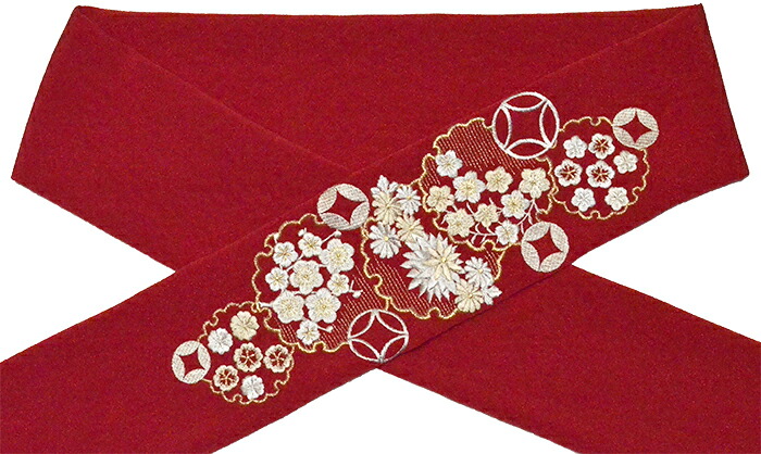 ポリエステル　ちりめん刺繍入り帯揚げ　赤　花詰雪輪七宝　【振袖向き】【振袖用】【成人式】