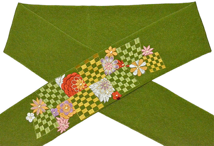 ポリエステル　ちりめん刺繍入り帯揚げ　黄緑　菊市松　【振袖向き】【振袖用】【成人式】