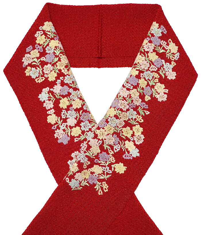 さがら手刺繍　正絹半衿　赤　花畑　【シルク半襟】【成人式】【卒業式】