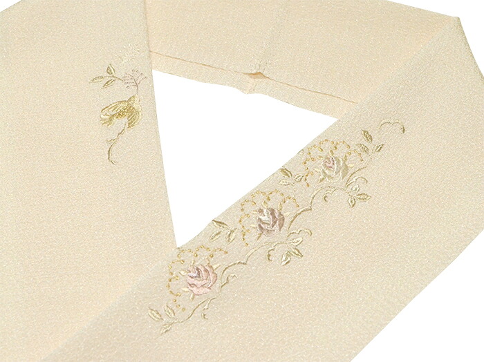 ちりめん刺繍半衿　ライトベージュ　小鳥と薔薇（バラ）　【日本製】【洗える半襟】