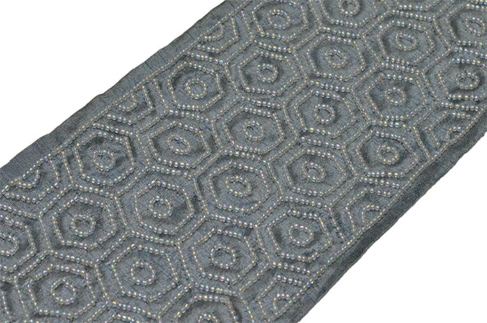 手刺繍ビーズ半衿　灰紺　亀甲つなぎ　【洗える半襟】