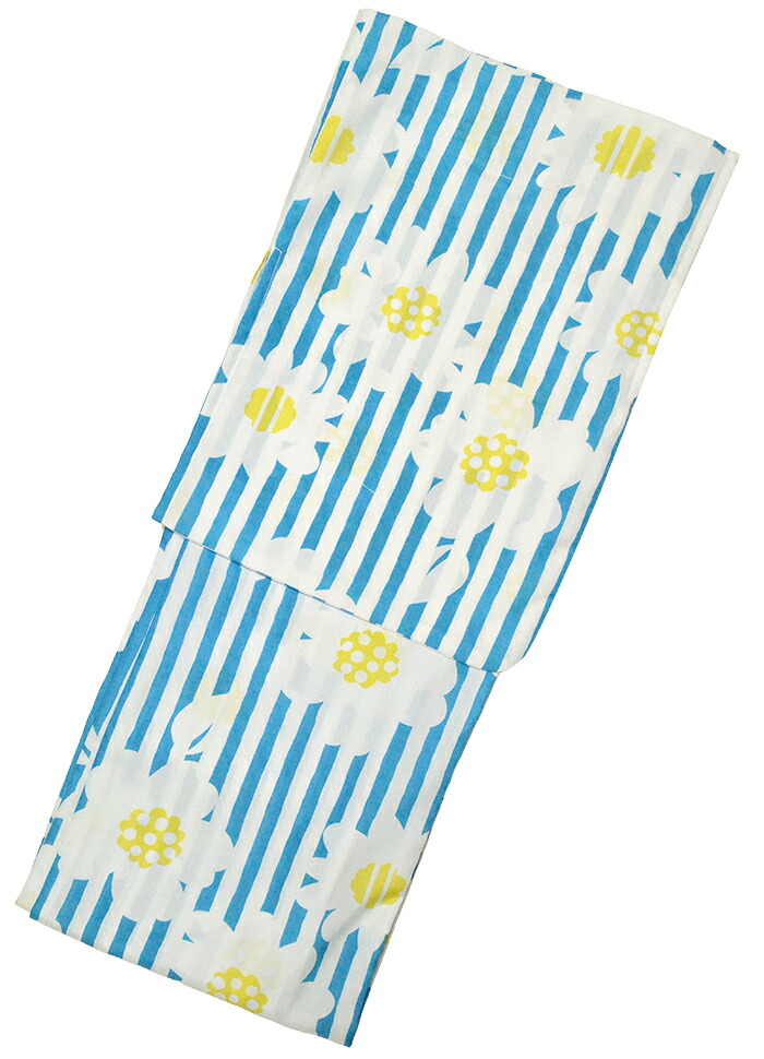 お仕立て上がり浴衣（単品）　ポリエステル　青×白　縞（ストライプ）と花　【フリーサイズ】【レディース】【女性用】【夏着物】【yukata】