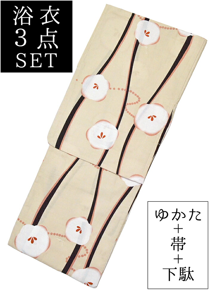 お仕立て上がり浴衣３点セット　ベージュ　椿とよろけ縞（ストライプ）　☆もれなく帯＆下駄プレゼント☆　【フリーサイズ】【レディース】【女性用】【古典柄】【yukata】【単品に変更可】