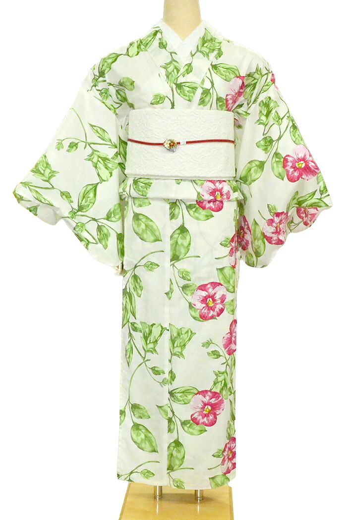 片身替わり　お仕立て上がり浴衣（単品）　オフホワイト×ピンク　花　【フリーサイズ】【レディース】【女性用】【夏着物】【yukata】