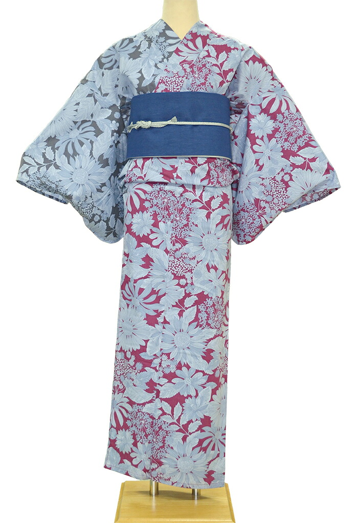 片身替わり　お仕立て上がり浴衣（単品）　グレー×ワインレッド　ボタニカル　【フリーサイズ】【レディース】【女性用】【夏着物】【yukata】