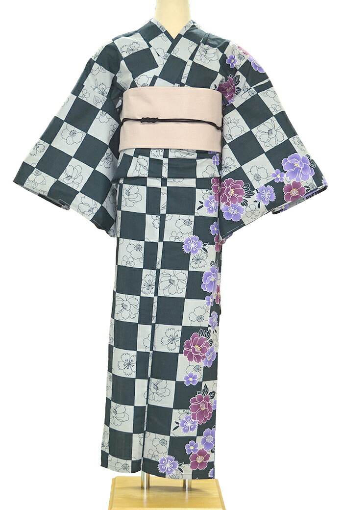 片身替わり　お仕立て上がり浴衣（単品）　ブラック×グレー　市松模様と牡丹・なでしこ　【フリーサイズ】【レディース】【女性用】【夏着物】【yukata】