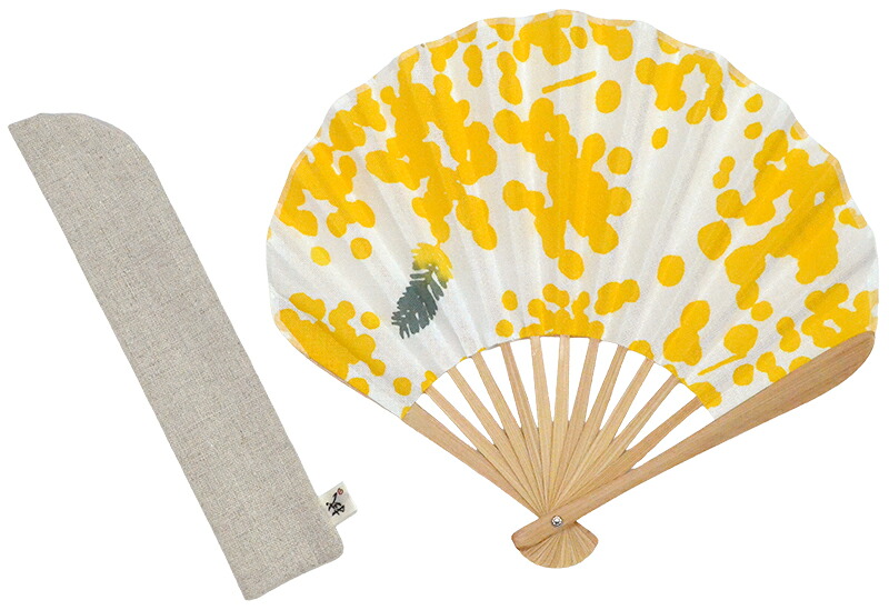 布扇子（ケース付き）　ミモザ　ホワイト×イエロー　【扇子入れ付き】【浴衣】【和雑貨】【folding fan】