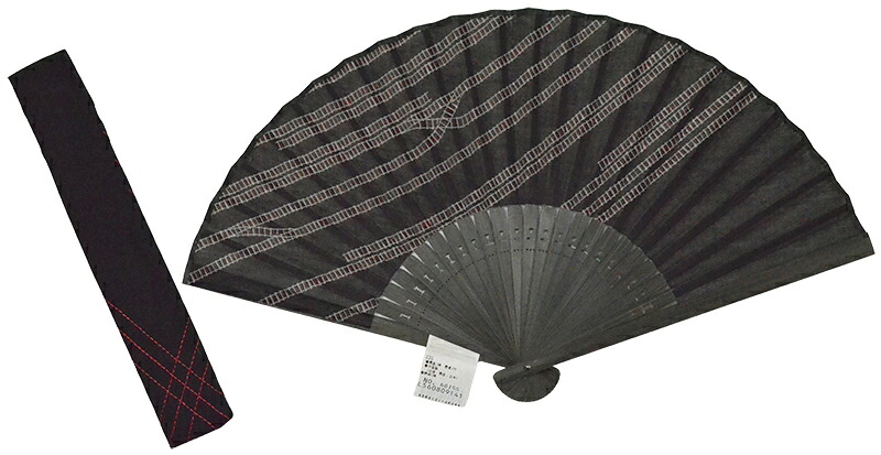 布扇子（ケース付き）　線路　黒×赤　【扇子入れ付き】【赤黒】【浴衣】【和雑貨】【folding fan】【電車】【レディース】【メンズ】【女性】【男性】
