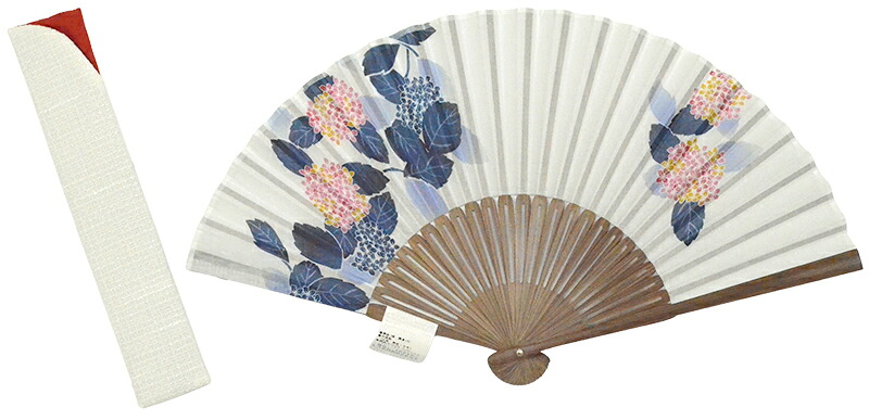 布扇子（ケース付き）　あじさい　白　【扇子入れ付き】【紫陽花】【浴衣】【和雑貨】【folding fan】【レディース】【女性】