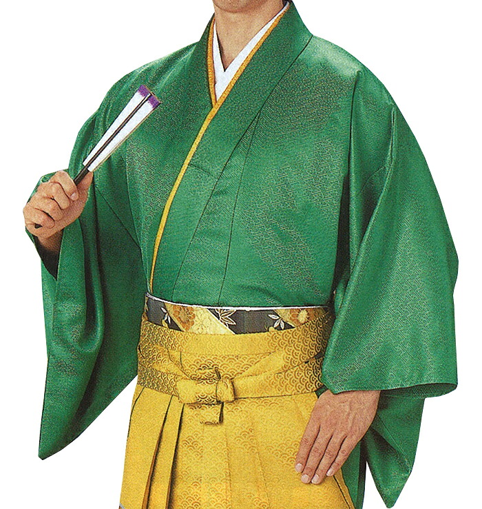 男物　袴下着物（伊達衿付き）　緑　紗綾型　Ｍ・Ｌサイズ　【メンズ】【納期約２週間】【送料無料】