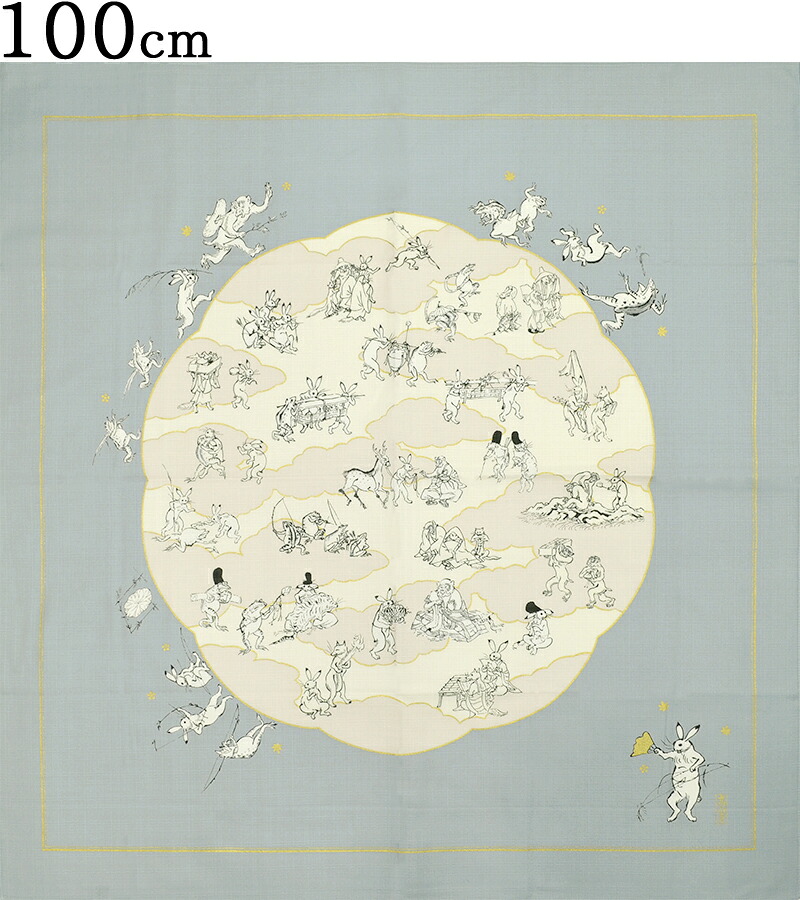オーガニックコットン　鳥獣戯画　大風呂敷（１００センチ）　蓮の葉　グレー　【１００ｃｍ】【エコバッグ】【テーブルクロス】【二四巾】【furoshiki】【日本製】【Made in Japan】【鳥獣人物戯画】【うさぎ】【かえる】