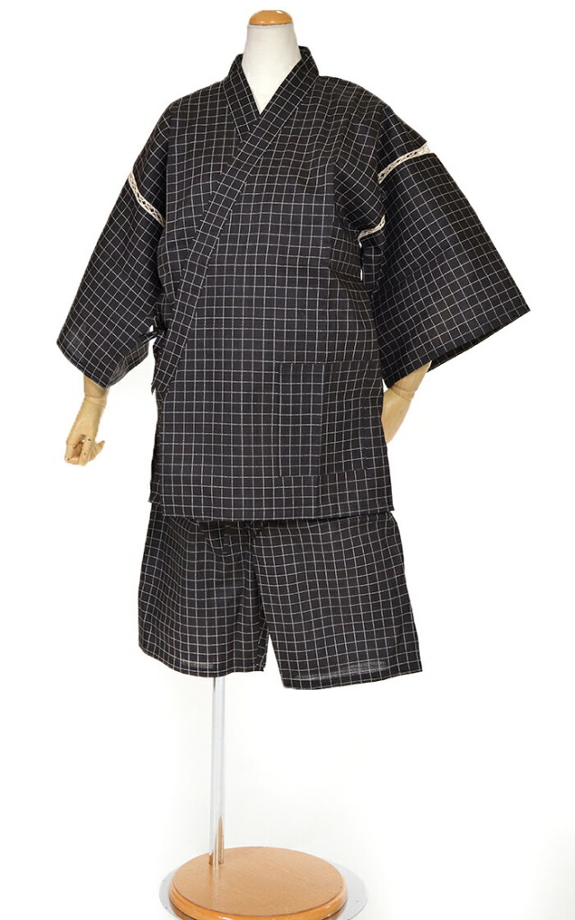男性用　甚平　ブラック（黒）　チェック柄　ＬＬサイズ（身長175cm前後）　【じんべい】【和服】【jinbei】【メンズ】