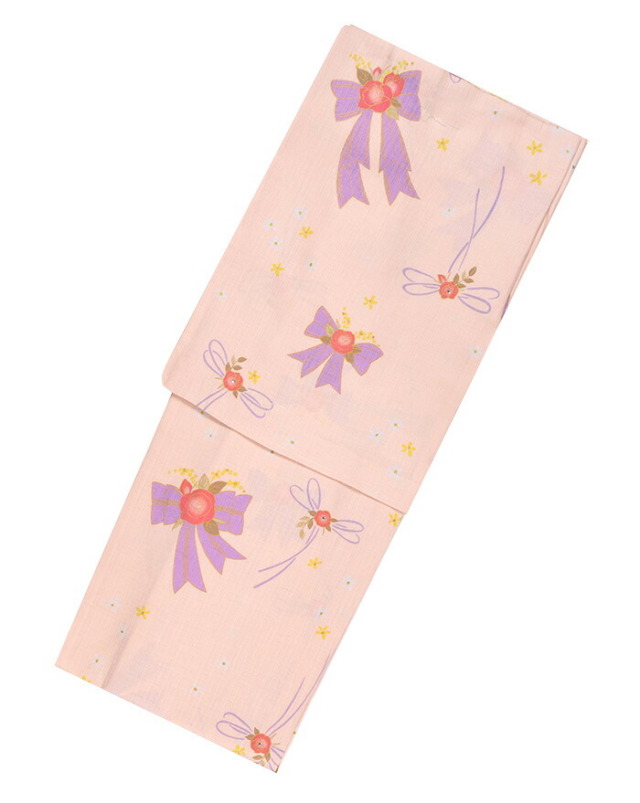 花みつこ　お仕立て上がりブランド浴衣≪単品≫　サーモンピンク地に薔薇とリボン　スワロフスキー付き　【フリーサイズ】