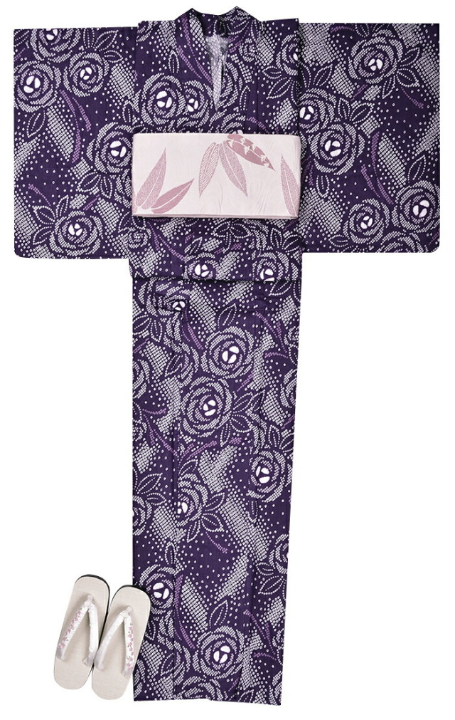 絞り風　お仕立て上がり浴衣３点セット　紫地に薔薇（バラ）　☆もれなく帯＆下駄プレゼント☆　【フリーサイズ】【古典柄】