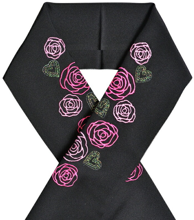正絹刺繍半衿　黒地　薔薇ハート（濃いピンク）　【シルク半襟】【成人式】【卒業式】【振袖】【袴】
