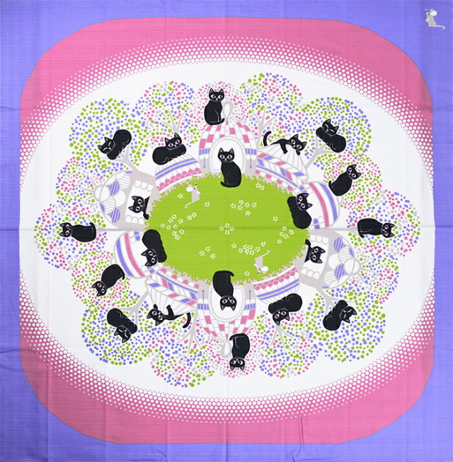 シャンタン生地　大風呂敷　１０５センチ　≪花衣≫　黒猫　ピンク×パープル　【バッグ】【お土産】【大判】【三巾】