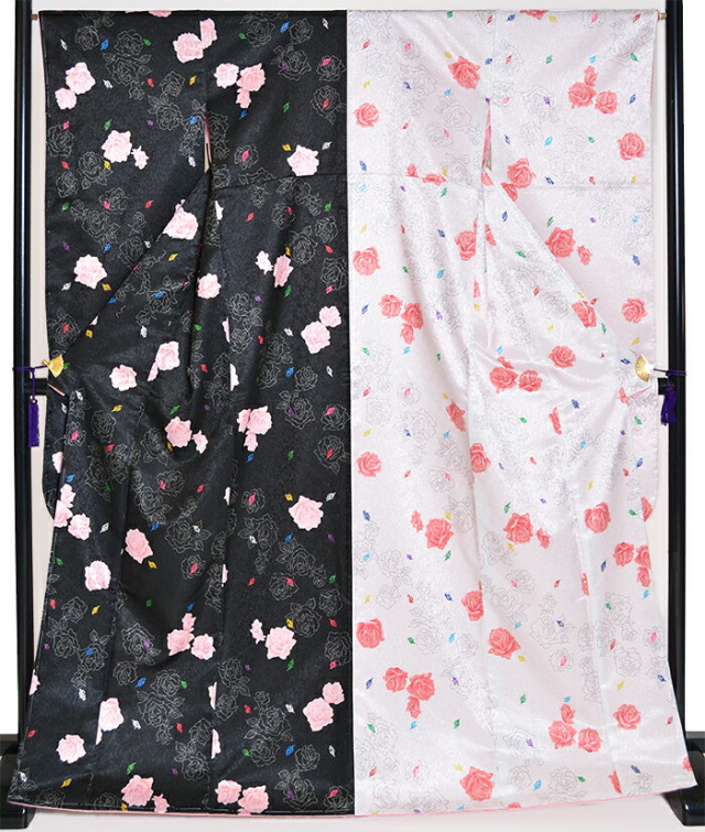 ≪卒業式・成人式向け≫　振袖　単品　黒×白×ピンク　薔薇（バラ）　身丈１６６ｃｍ　【Ｌサイズ】【トールサイズ】【洗えるきもの】【結婚式】