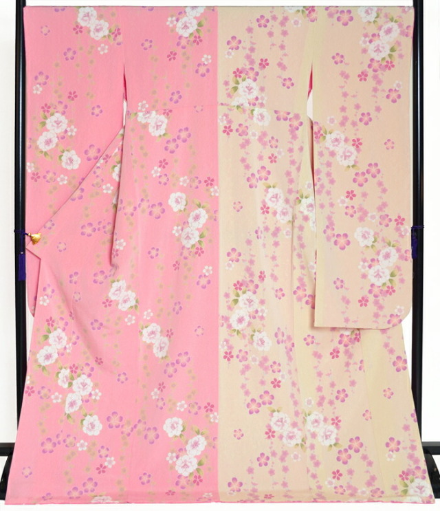 ≪卒業式・成人式向け≫　ちりめん振袖　単品　ピンク×ミルキークリーム　桜柄　身丈１７４ｃｍ　【２Ｌサイズ】【トールサイズ】【洗えるきもの】【結婚式】