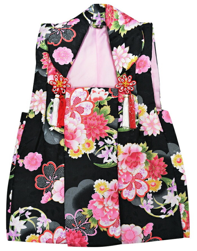 ポリエステル　被布コート　七五三　３歳女の子　黒　桜や菊、牡丹と花の丸　【７５３　三歳】【三ツ身】【単品】【女児】