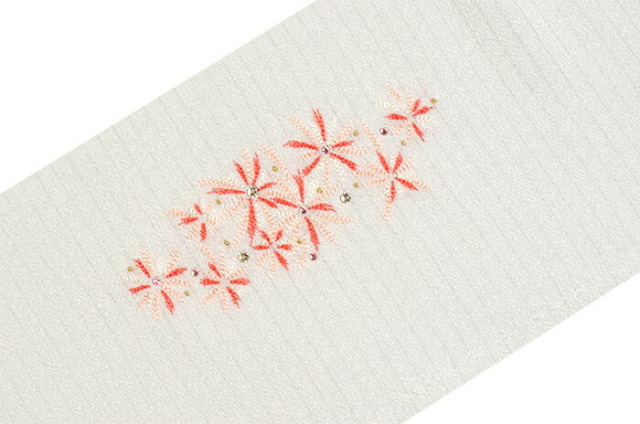 ポリエステル　夏物ちりめん　刺繍半衿　絽　白×赤　花火（ラインストーン付き）　【洗える半襟】【日本製】【夏きもの】