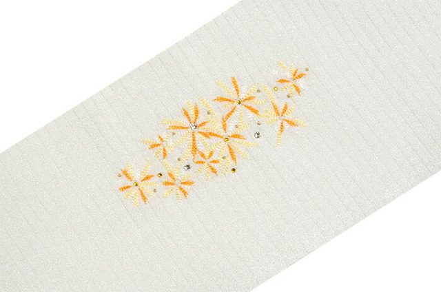 ポリエステル　夏物ちりめん　刺繍半衿　絽　白×山吹色　花火（ラインストーン付き）　【洗える半襟】【日本製】【夏きもの】