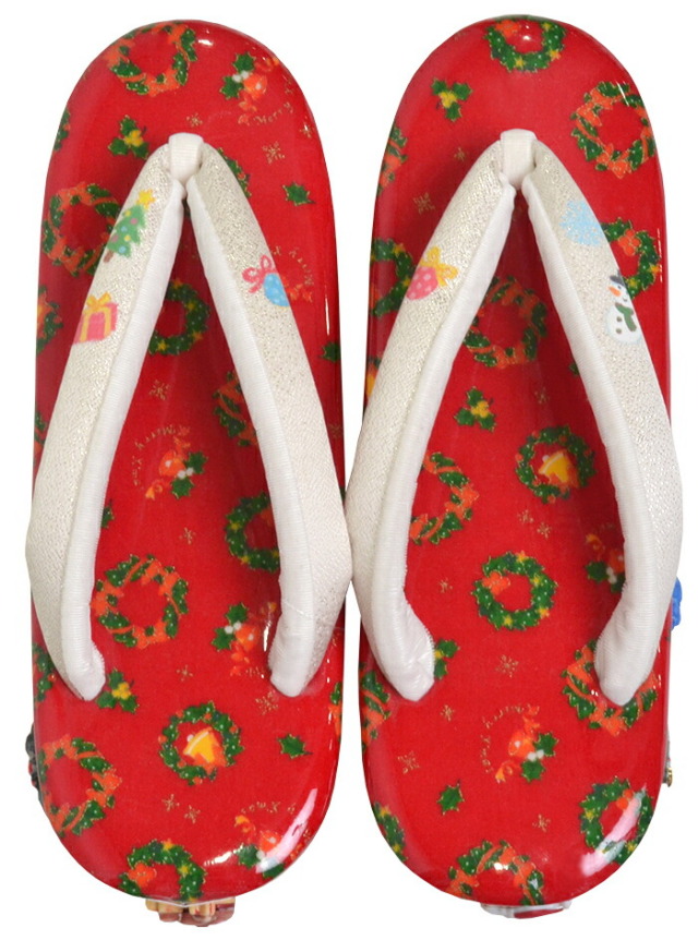 クリスマス草履　赤×白・銀（鼻緒）　Xmasリース　Ｍサイズ（２３，５ｃｍ）　【女性】【レディース】【和装履物】【日本製】　【Christmas】【サンタクロース】【トナカイ】