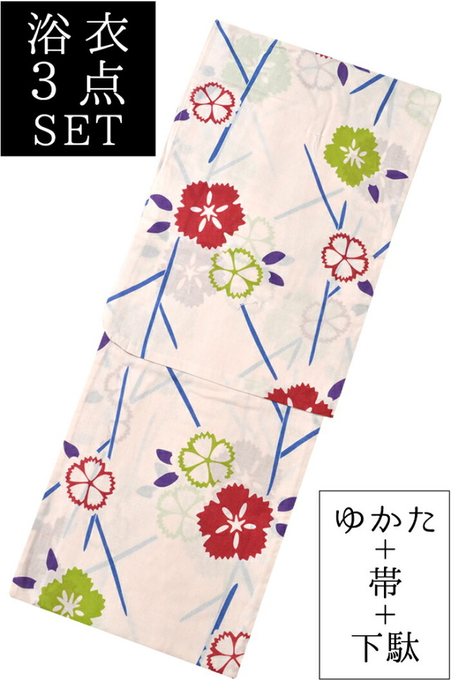 お仕立て上がり女性浴衣３点セット　生成（薄ピンク）×赤　撫子（なでしこ）　☆もれなく帯＆下駄プレゼント☆　【フリーサイズ】【レディース】　【格安】【古典柄】