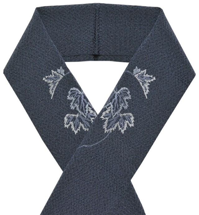 正絹　うずら縮緬刺繍半衿　濃紺　葉　【シルク半襟】【男性・女性】【日本製】