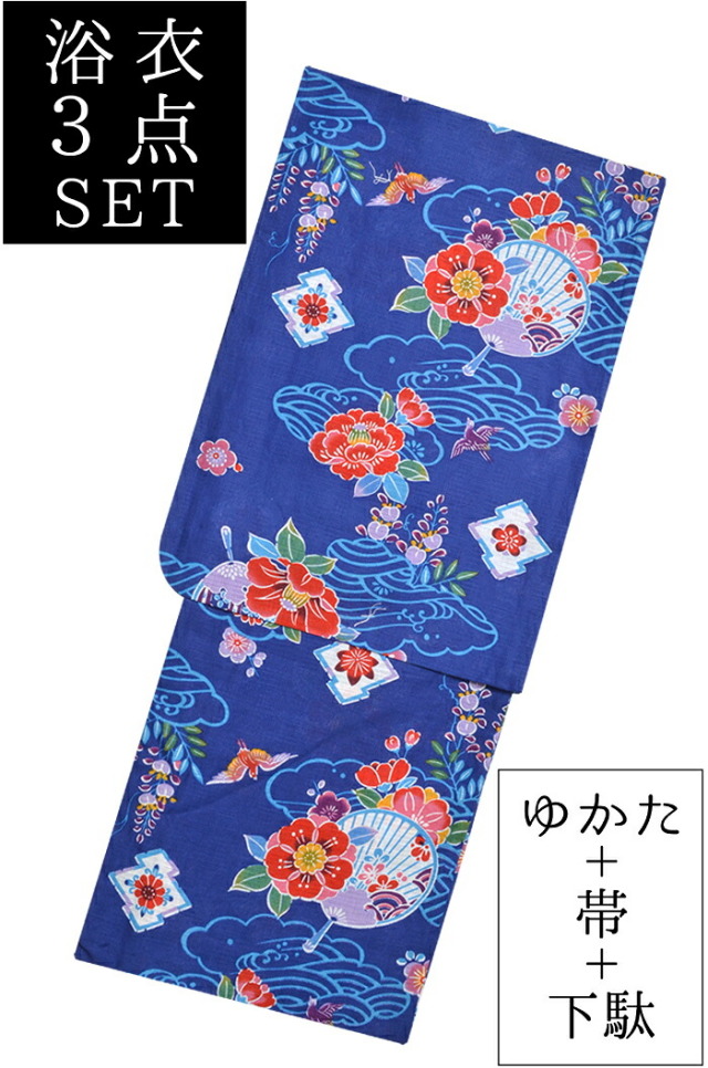 お仕立て上がり　綿麻　女性浴衣３点セット　青　紅型調　椿とうちわ・鳥　☆もれなく帯＆下駄プレゼント☆　【フリーサイズ】【レディース】　【格安】【古典柄】
