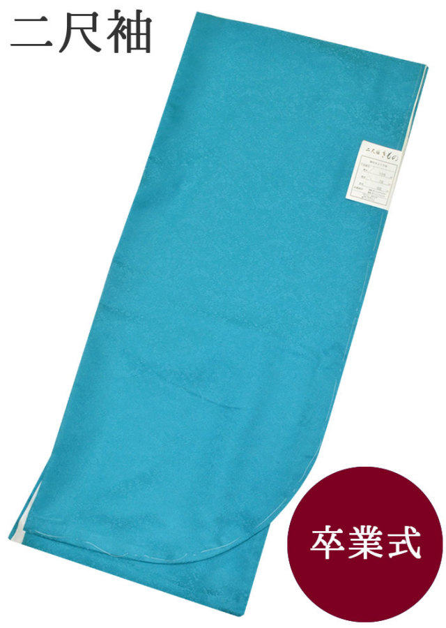 卒業式用　二尺袖着物（色無地）　単品　ターコイズブルー　鳥と花　身丈１０６ｃｍ　【Ｆサイズ】　【洗えるきもの】【袴下】
