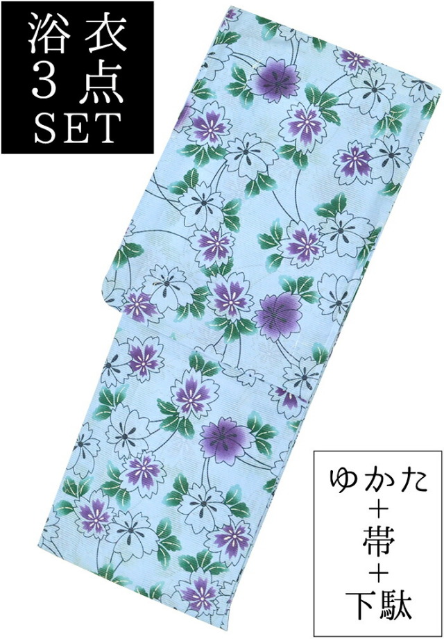 お仕立て上がり女性浴衣３点セット　水色　撫子（なでしこ）　綿絽　☆もれなく帯＆下駄プレゼント☆　【フリーサイズ】【レディース】　【古典柄】【夏着物】