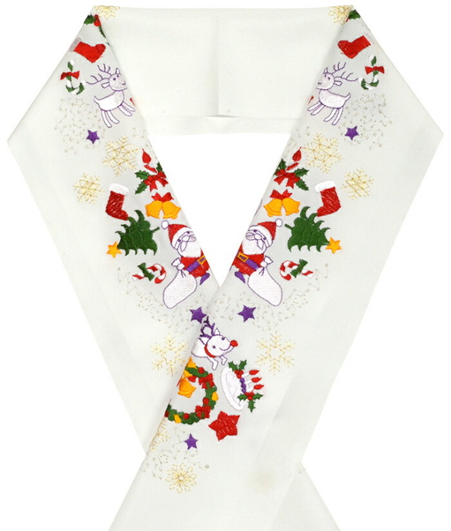 ポリエステル　クリスマス刺繍半衿　白×カラフル　サンタクロースとトナカイ、雪だるま　【洗える半襟】【女性・男性】【レディース・メンズ】【Christmas】【SantaClaus】【Xmas】【日本製】