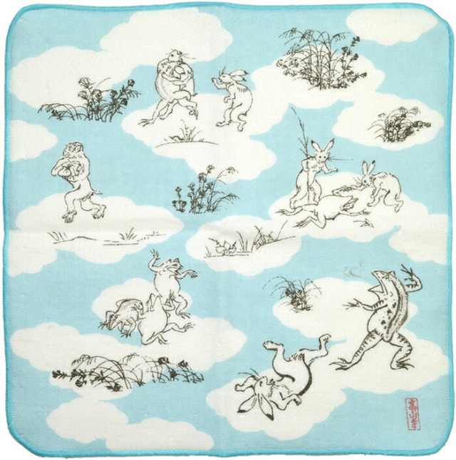 ガーゼタオル　はんかち　鳥獣人物戯画（うさぎとかえる）　相撲　ブルー　【日本製】【Made in Japan】【鳥獣戯画】【高山寺公認】【和雑貨】【ハンカチ】