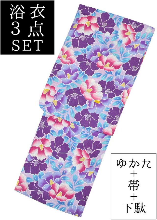 お仕立て上がり綿麻浴衣３点セット　薄ピンク×紫　椿　☆もれなく帯＆下駄プレゼント☆　【フリーサイズ】【レディース】【女性用】【大正ロマン】【レトロモダン】【格安】