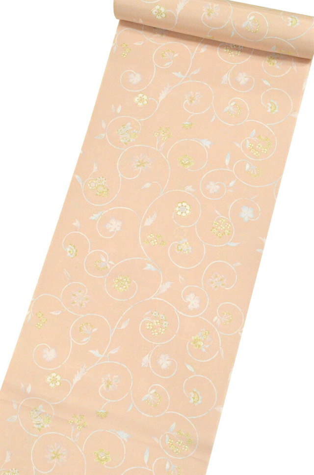 正絹長襦袢反物　サーモンピンク　花唐草　【普段着】【長じゅばん】