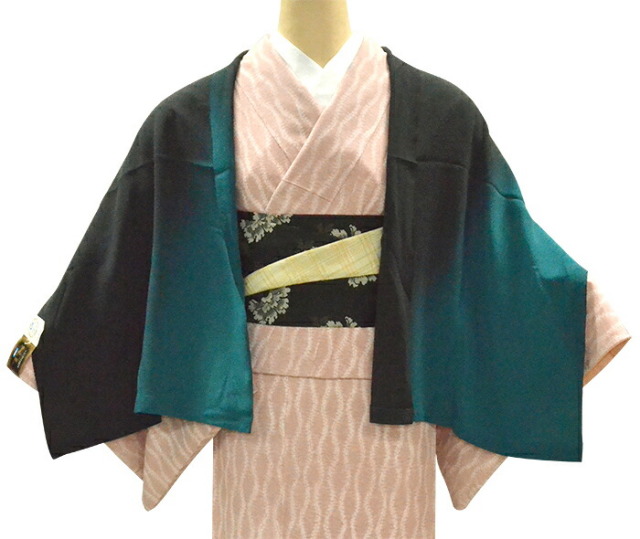 シルクちりめんショール　青緑×黒　ぼかし（一枚仕立て）　【ストール】【マフラー】【正絹】【和洋兼用】
