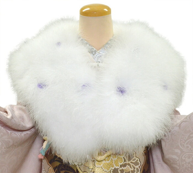 振袖　フェザーショール　白×紫小花　【振袖用ショール】【ストール】【成人式】【羽毛】