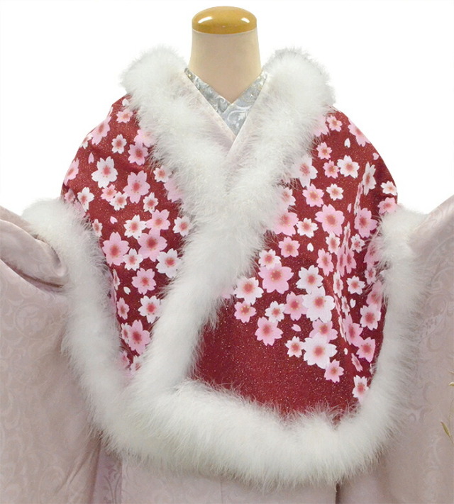 振袖　マラボー・シルクショール　赤×白　桜　【日本製】【ファー】【振袖用ショール】【成人式】【羽毛】